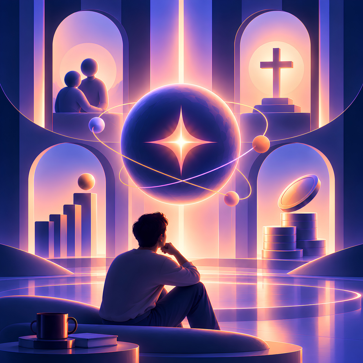 A reader sits in thought at the center of the Plutura universe: relationships, faith, growth and wealth around one glowing star